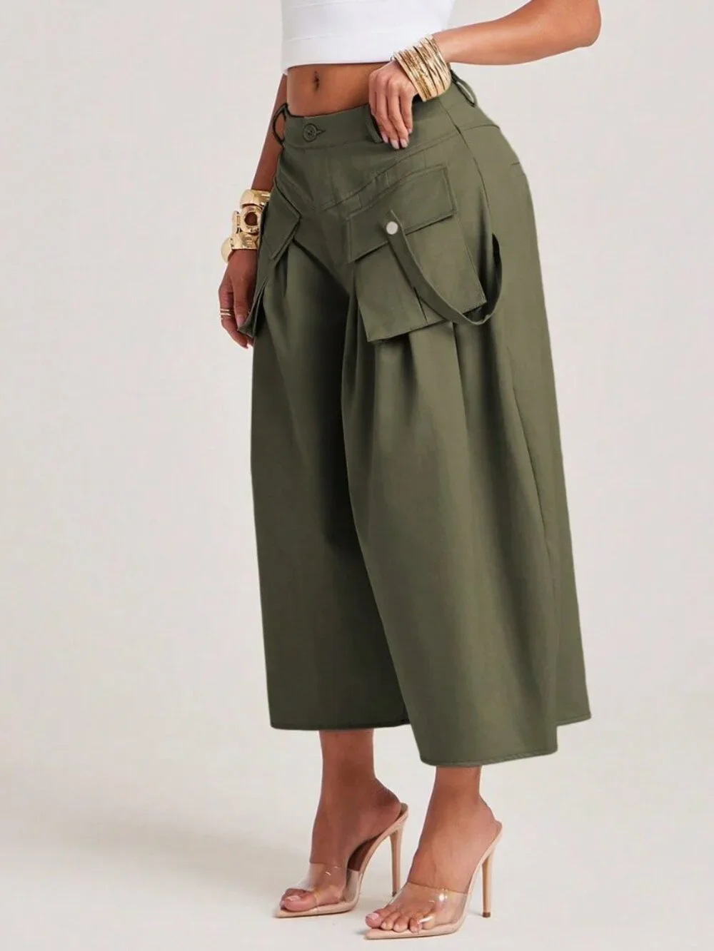 Army Green Casual Women's Loose Cargo Capris